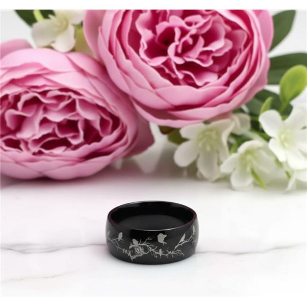 Black Tungsten Carbide Bird Branch Wedding Band Woodland Nature Ring Size 7